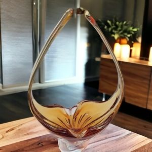 Vintage Art Glass Basket Vase Amber, Ribbed, Hand Blown Glass
